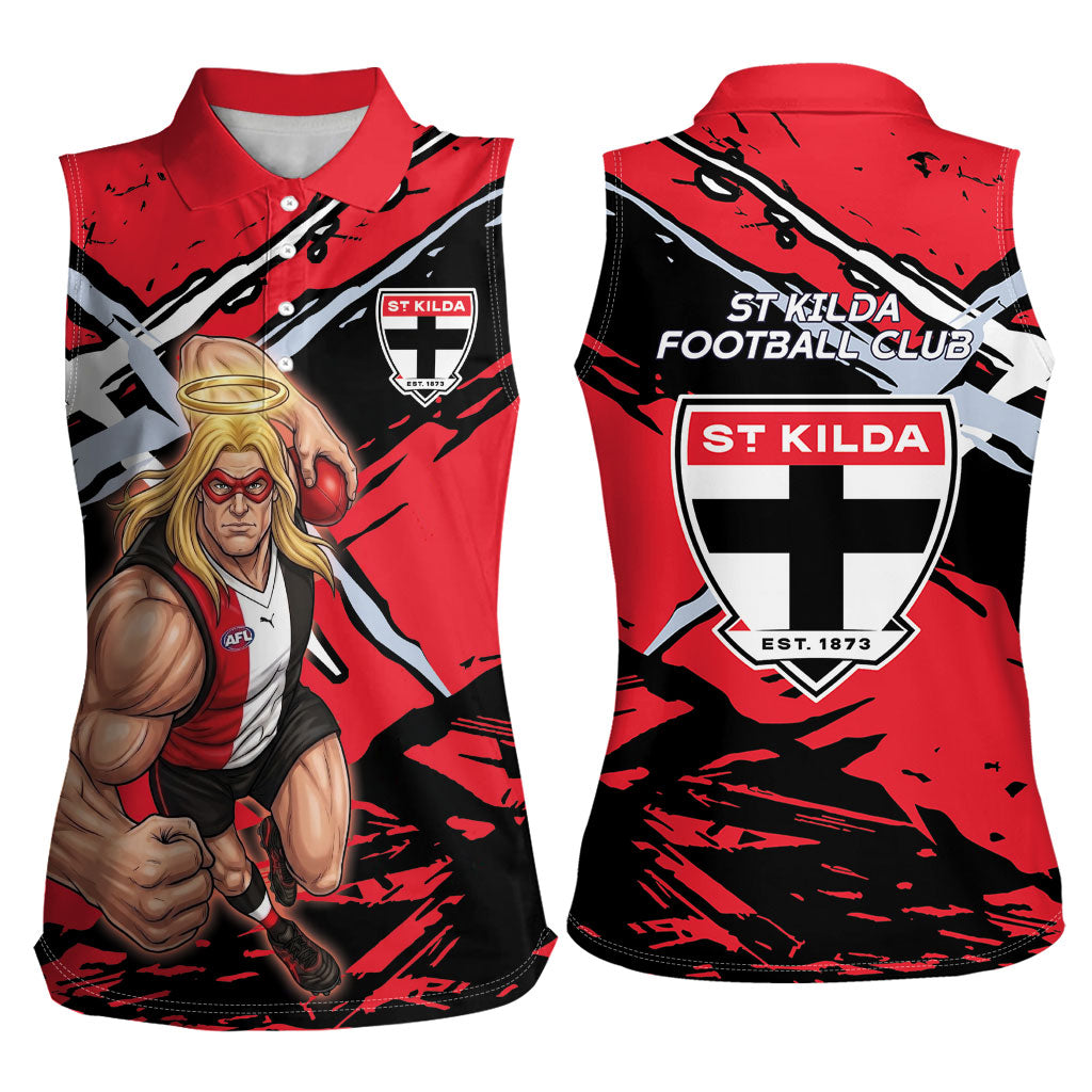 St Kilda Football Club Women Sleeveless Polo Shirt Saints Muscular Mascot Graphic - Abstract Paint Splatter Art