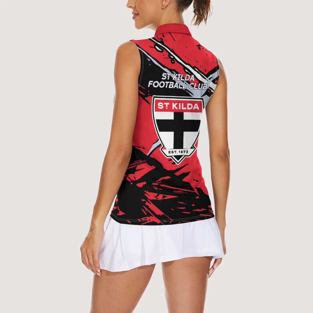 St Kilda Football Club Women Sleeveless Polo Shirt Saints Muscular Mascot Graphic - Abstract Paint Splatter Art