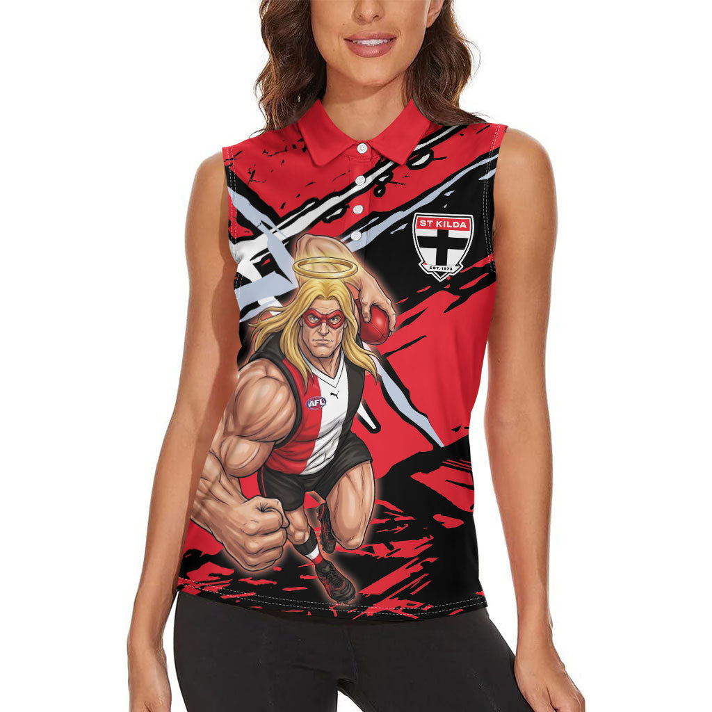 St Kilda Football Club Women Sleeveless Polo Shirt Saints Muscular Mascot Graphic - Abstract Paint Splatter Art