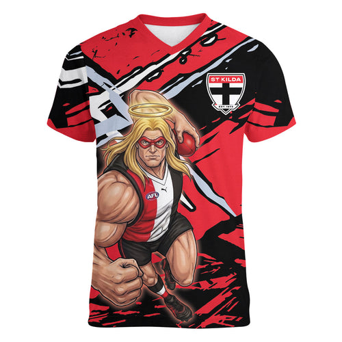 St Kilda Football Club Women V-Neck T-Shirt Saints Muscular Mascot Graphic - Abstract Paint Splatter Art
