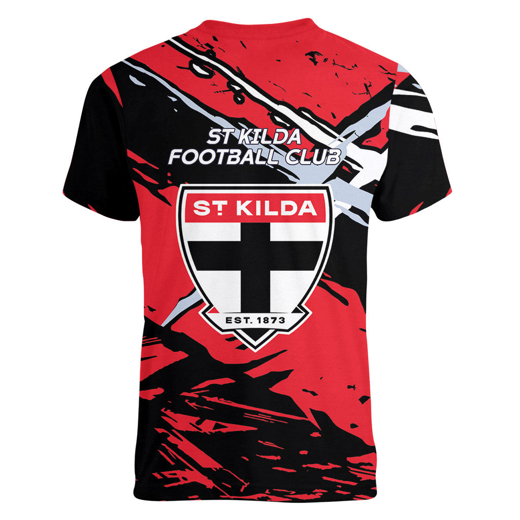 St Kilda Football Club Women V-Neck T-Shirt Saints Muscular Mascot Graphic - Abstract Paint Splatter Art
