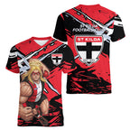 St Kilda Football Club Women V-Neck T-Shirt Saints Muscular Mascot Graphic - Abstract Paint Splatter Art