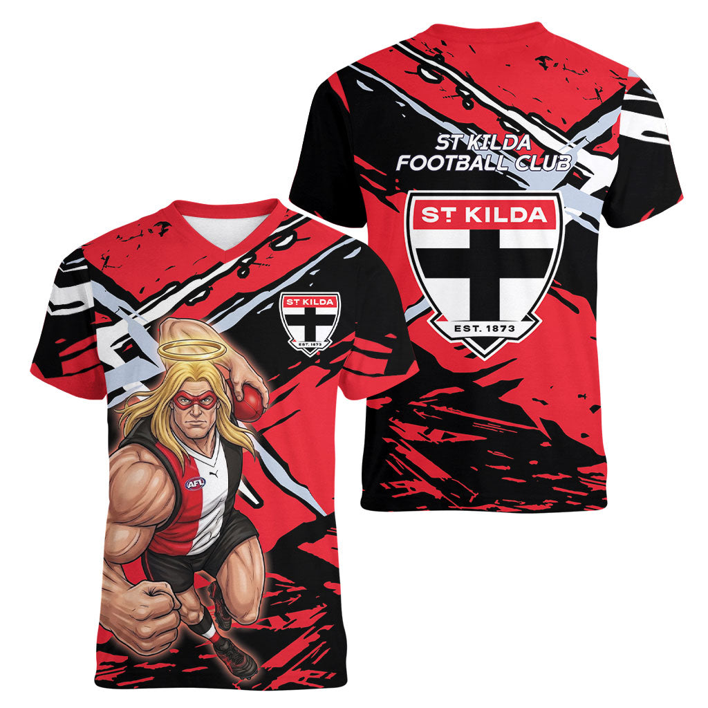 St Kilda Football Club Women V-Neck T-Shirt Saints Muscular Mascot Graphic - Abstract Paint Splatter Art