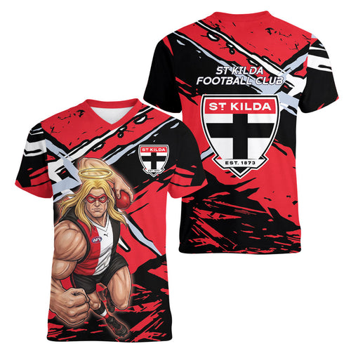 St Kilda Football Club Women V-Neck T-Shirt Saints Muscular Mascot Graphic - Abstract Paint Splatter Art