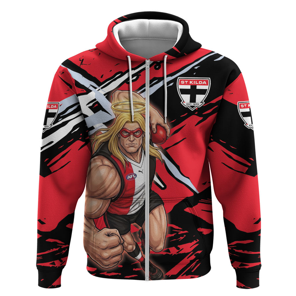 St Kilda Football Club Zip Hoodie Saints Muscular Mascot Graphic - Abstract Paint Splatter Art