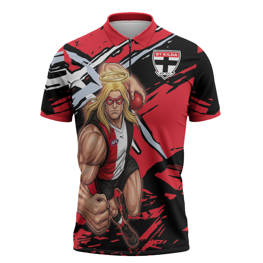 St Kilda Football Club Zipper Polo Shirt Saints Muscular Mascot Graphic - Abstract Paint Splatter Art