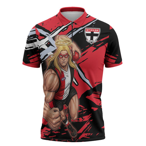 St Kilda Football Club Zipper Polo Shirt Saints Muscular Mascot Graphic - Abstract Paint Splatter Art
