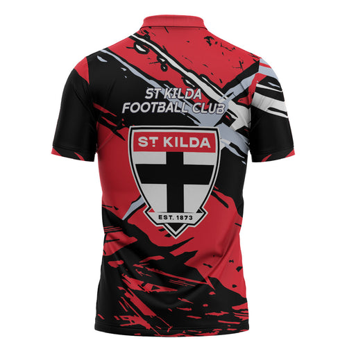 St Kilda Football Club Zipper Polo Shirt Saints Muscular Mascot Graphic - Abstract Paint Splatter Art