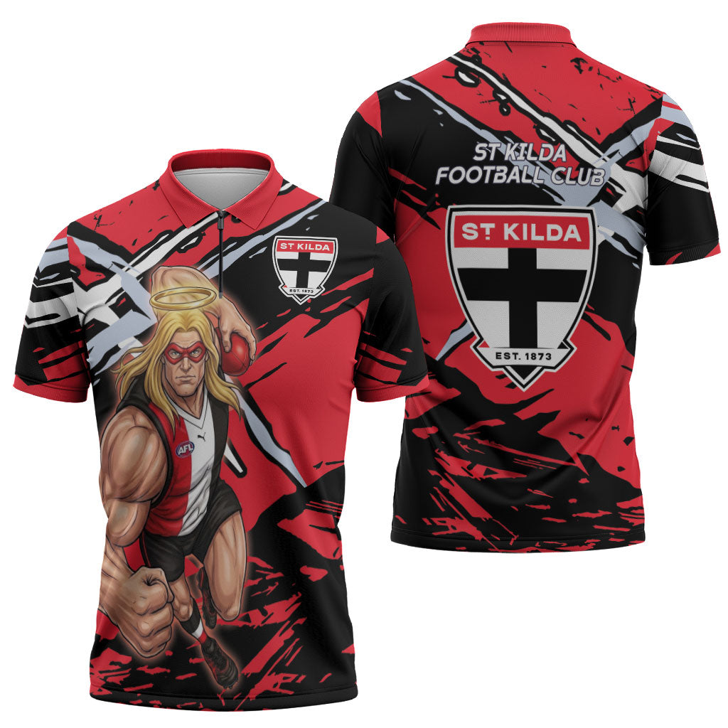 St Kilda Football Club Zipper Polo Shirt Saints Muscular Mascot Graphic - Abstract Paint Splatter Art