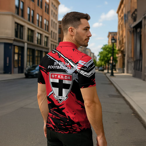 St Kilda Football Club Zipper Polo Shirt Saints Muscular Mascot Graphic - Abstract Paint Splatter Art