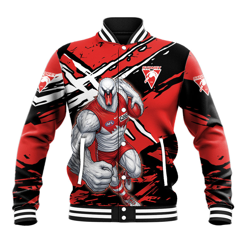 Sydney Swans Football Club Baseball Jacket Swans Muscular Mascot Graphic - Abstract Paint Splatter Art