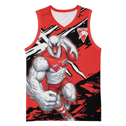 Sydney Swans Football Club Basketball Jersey Swans Muscular Mascot Graphic - Abstract Paint Splatter Art