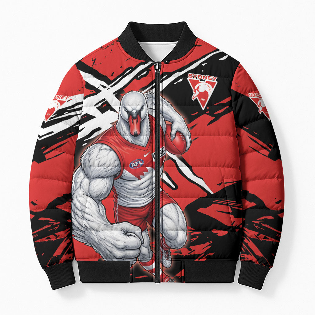 Sydney Swans Football Club Bomber Puffer Jacket Swans Muscular Mascot Graphic - Abstract Paint Splatter Art