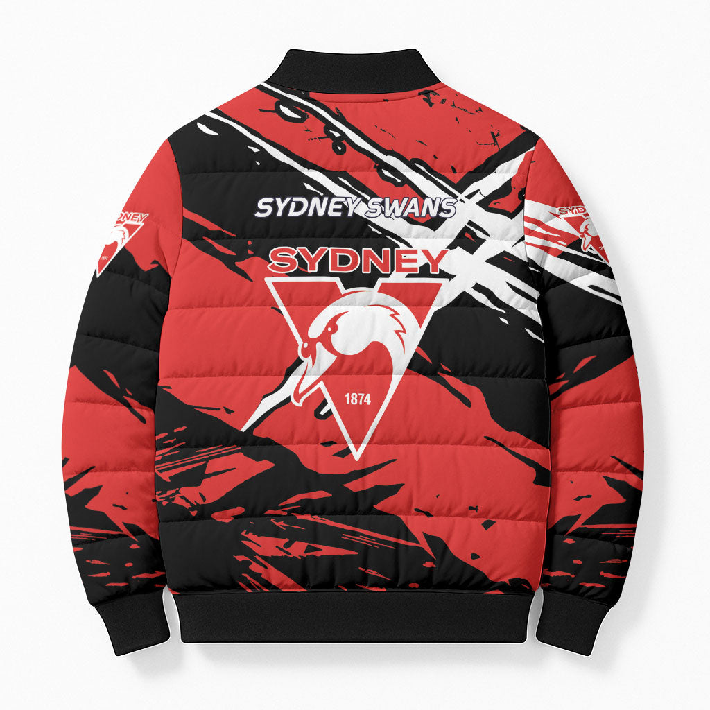 Sydney Swans Football Club Bomber Puffer Jacket Swans Muscular Mascot Graphic - Abstract Paint Splatter Art