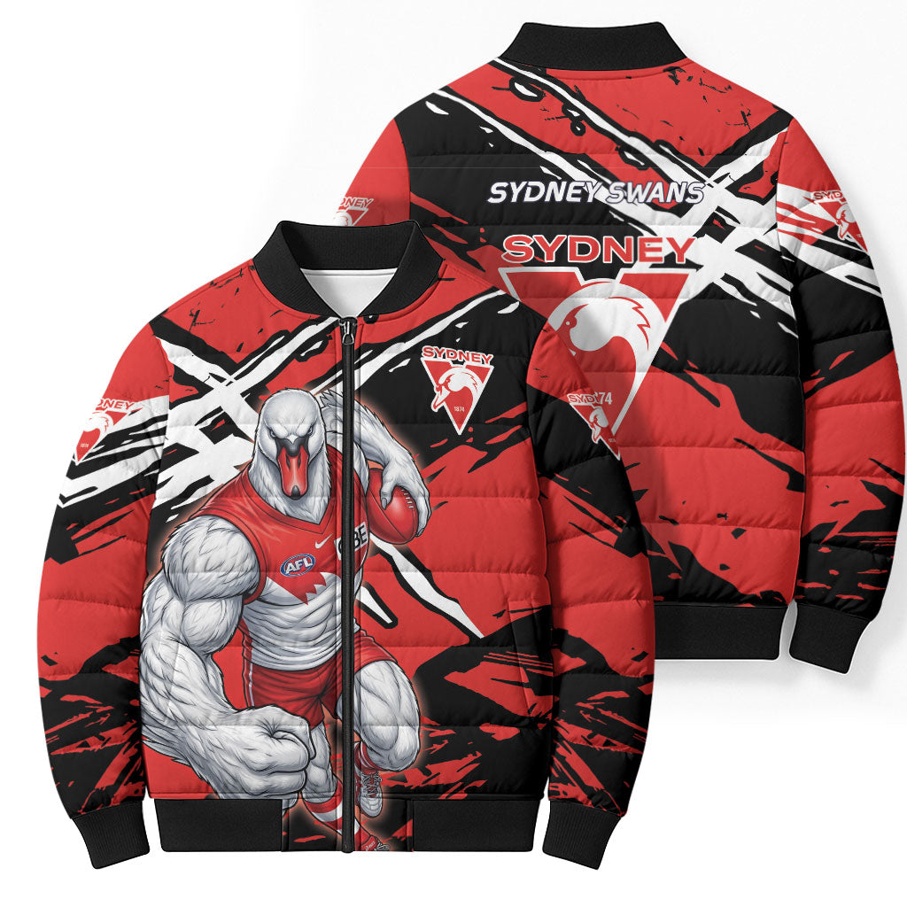 Sydney Swans Football Club Bomber Puffer Jacket Swans Muscular Mascot Graphic - Abstract Paint Splatter Art