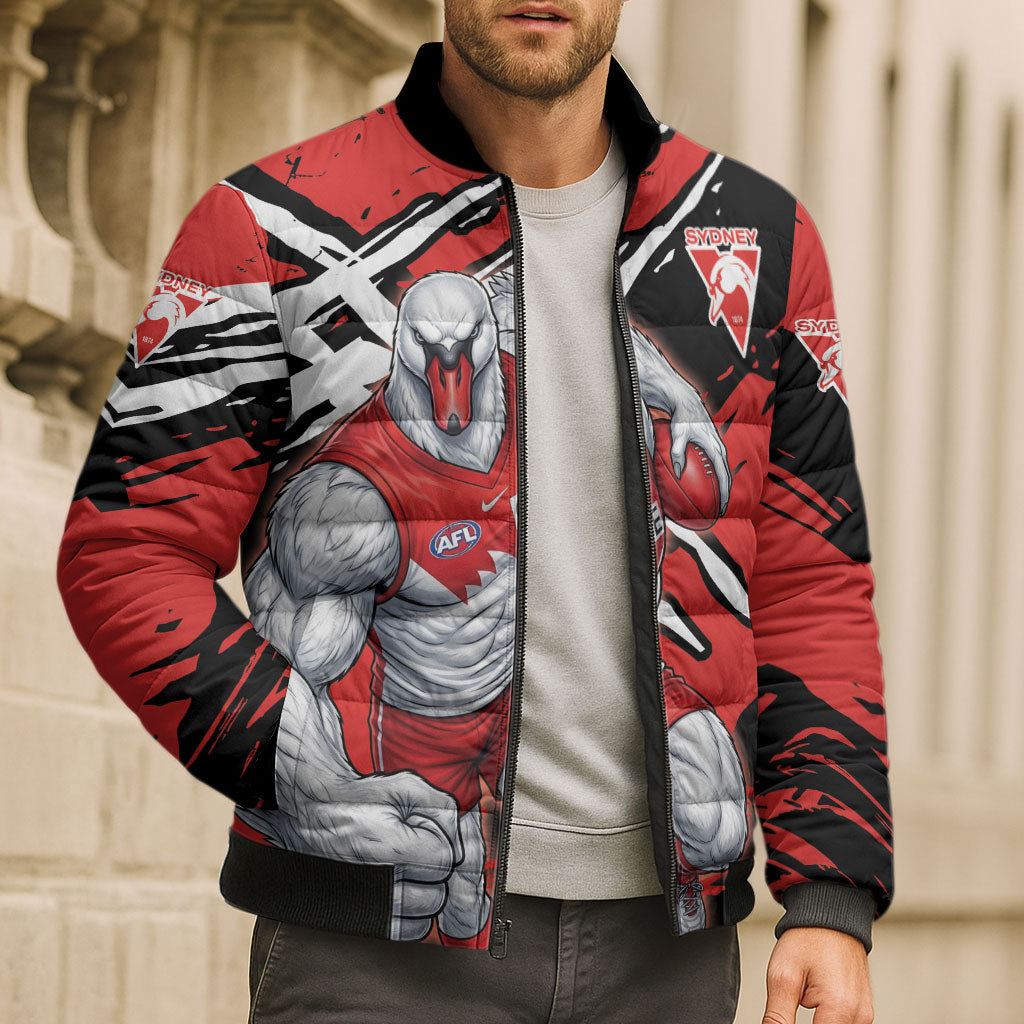 Sydney Swans Football Club Bomber Puffer Jacket Swans Muscular Mascot Graphic - Abstract Paint Splatter Art