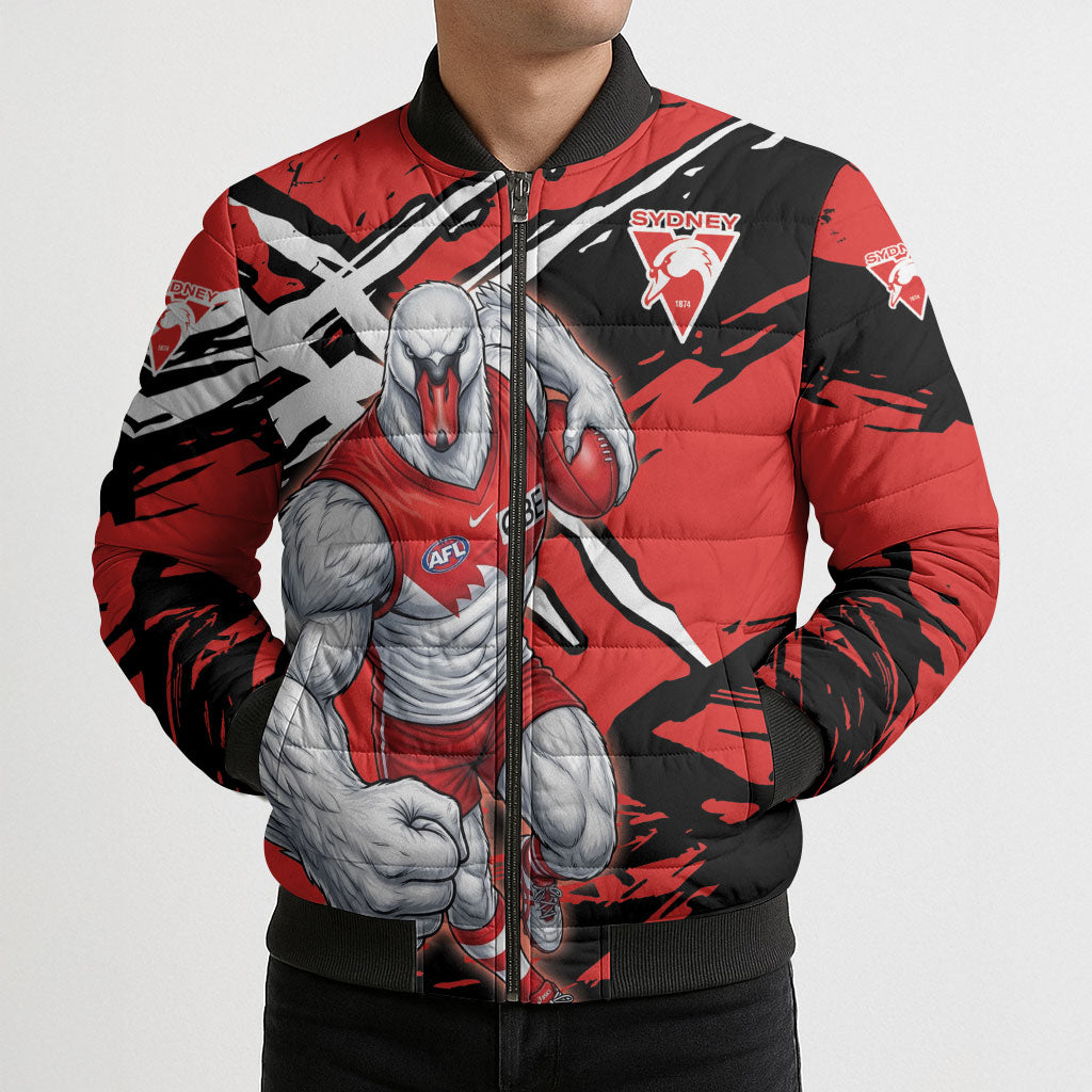 Sydney Swans Football Club Bomber Puffer Jacket Swans Muscular Mascot Graphic - Abstract Paint Splatter Art