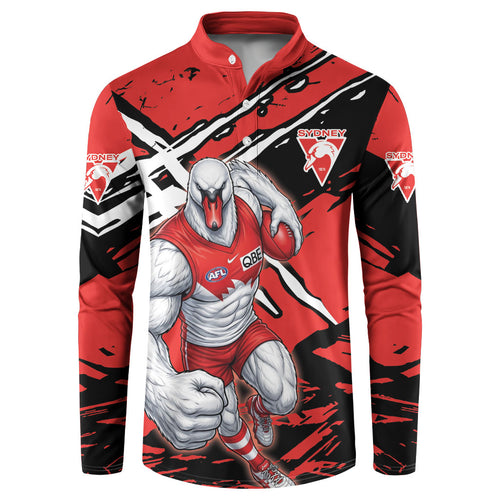 Sydney Swans Football Club Button Sweatshirt Swans Muscular Mascot Graphic - Abstract Paint Splatter Art