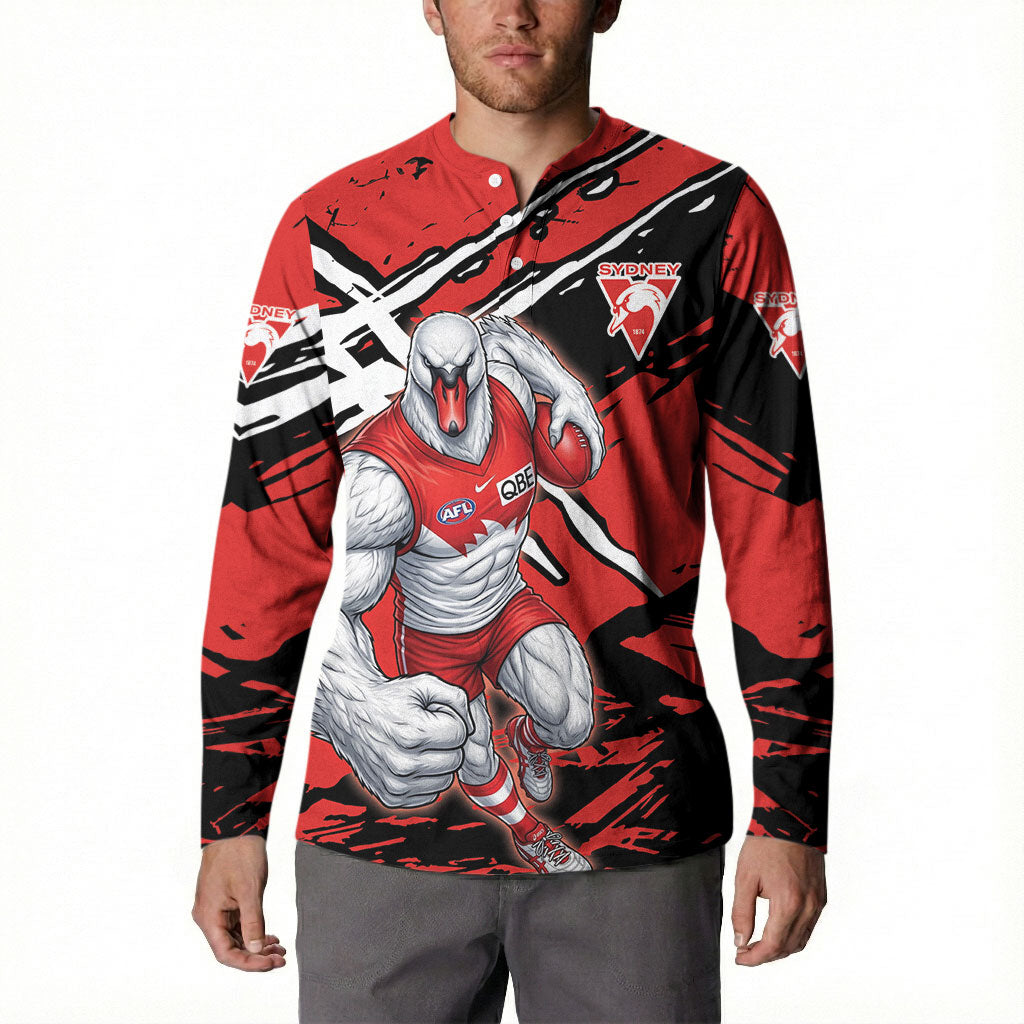 Sydney Swans Football Club Button Sweatshirt Swans Muscular Mascot Graphic - Abstract Paint Splatter Art