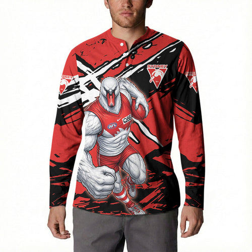 Sydney Swans Football Club Button Sweatshirt Swans Muscular Mascot Graphic - Abstract Paint Splatter Art