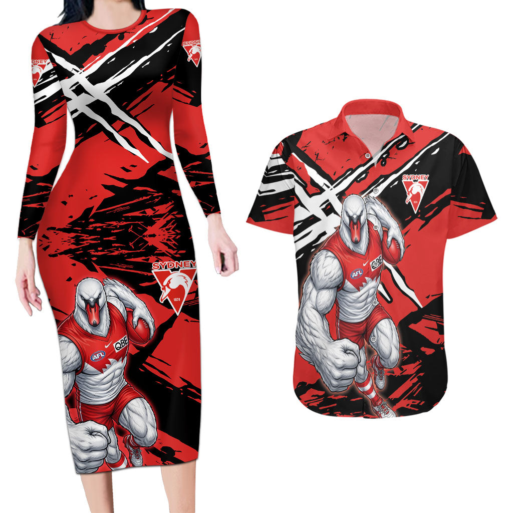 Sydney Swans Football Club Couples Matching Long Sleeve Bodycon Dress and Hawaiian Shirt Swans Muscular Mascot Graphic - Abstract Paint Splatter Art