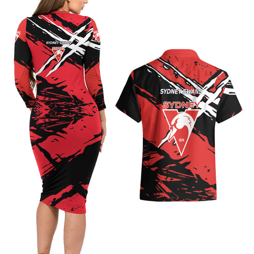 Sydney Swans Football Club Couples Matching Long Sleeve Bodycon Dress and Hawaiian Shirt Swans Muscular Mascot Graphic - Abstract Paint Splatter Art