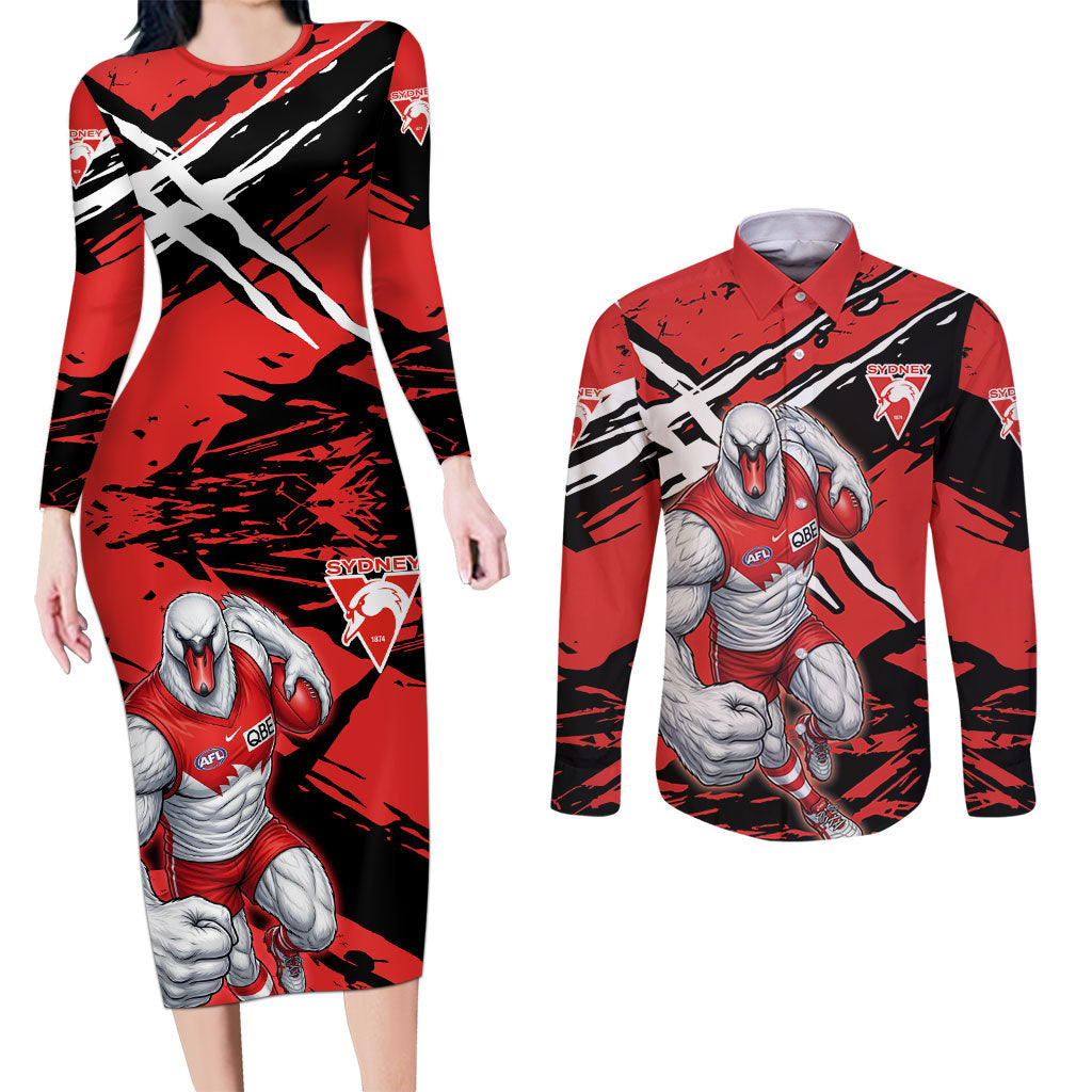 Sydney Swans Football Club Couples Matching Long Sleeve Bodycon Dress and Long Sleeve Button Shirt Swans Muscular Mascot Graphic - Abstract Paint Splatter Art