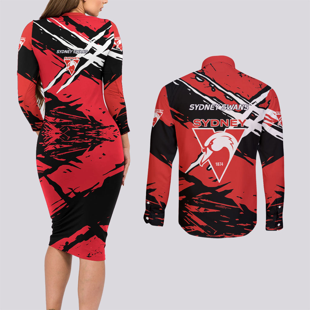 Sydney Swans Football Club Couples Matching Long Sleeve Bodycon Dress and Long Sleeve Button Shirt Swans Muscular Mascot Graphic - Abstract Paint Splatter Art