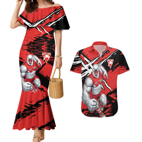 Sydney Swans Football Club Couples Matching Mermaid Dress and Hawaiian Shirt Swans Muscular Mascot Graphic - Abstract Paint Splatter Art