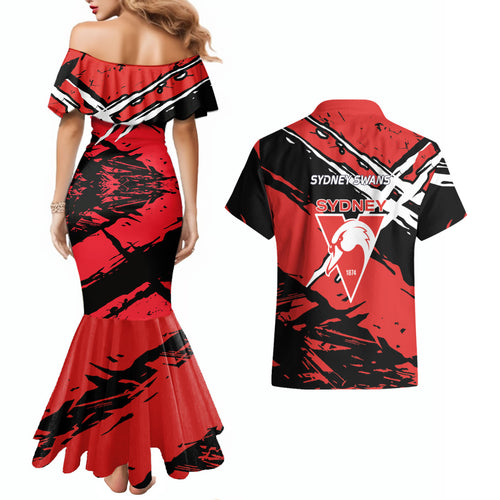 Sydney Swans Football Club Couples Matching Mermaid Dress and Hawaiian Shirt Swans Muscular Mascot Graphic - Abstract Paint Splatter Art