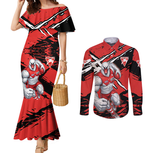 Sydney Swans Football Club Couples Matching Mermaid Dress and Long Sleeve Button Shirt Swans Muscular Mascot Graphic - Abstract Paint Splatter Art