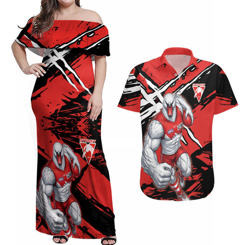 Sydney Swans Football Club Couples Matching Off Shoulder Maxi Dress and Hawaiian Shirt Swans Muscular Mascot Graphic - Abstract Paint Splatter Art