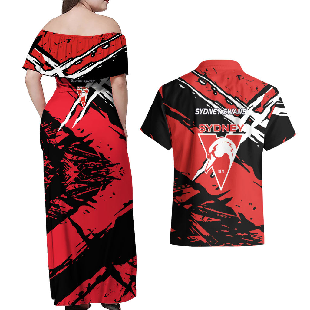 Sydney Swans Football Club Couples Matching Off Shoulder Maxi Dress and Hawaiian Shirt Swans Muscular Mascot Graphic - Abstract Paint Splatter Art