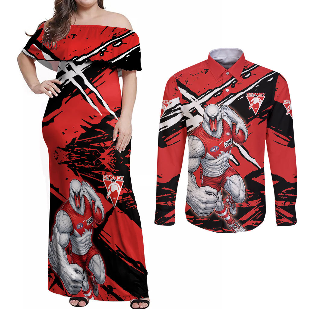 Sydney Swans Football Club Couples Matching Off Shoulder Maxi Dress and Long Sleeve Button Shirt Swans Muscular Mascot Graphic - Abstract Paint Splatter Art
