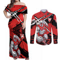 Sydney Swans Football Club Couples Matching Off Shoulder Maxi Dress and Long Sleeve Button Shirt Swans Muscular Mascot Graphic - Abstract Paint Splatter Art