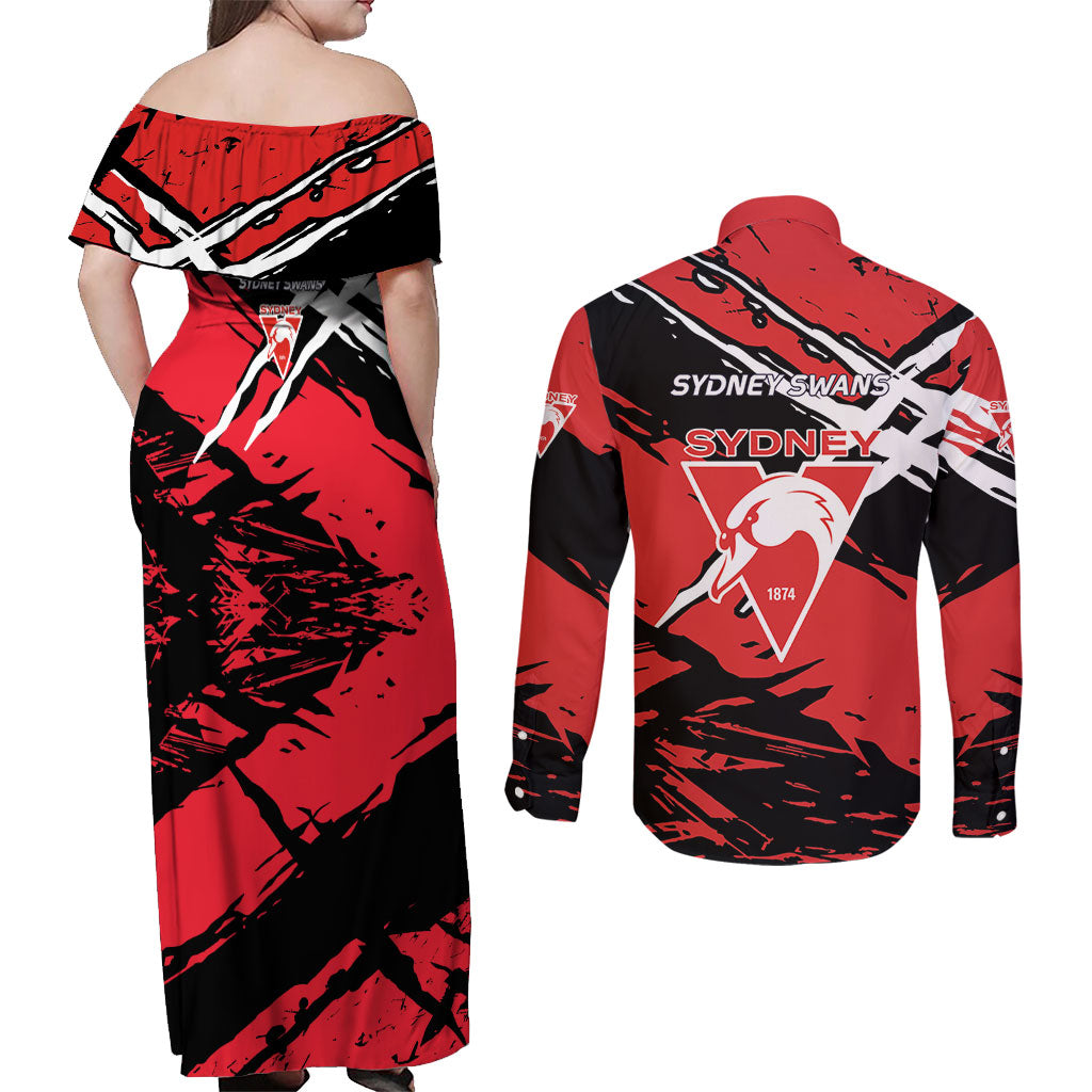Sydney Swans Football Club Couples Matching Off Shoulder Maxi Dress and Long Sleeve Button Shirt Swans Muscular Mascot Graphic - Abstract Paint Splatter Art