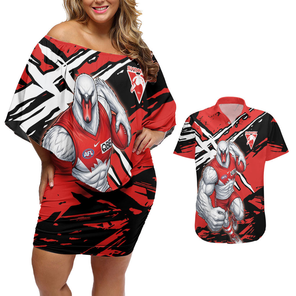 Sydney Swans Football Club Couples Matching Off Shoulder Short Dress and Hawaiian Shirt Swans Muscular Mascot Graphic - Abstract Paint Splatter Art