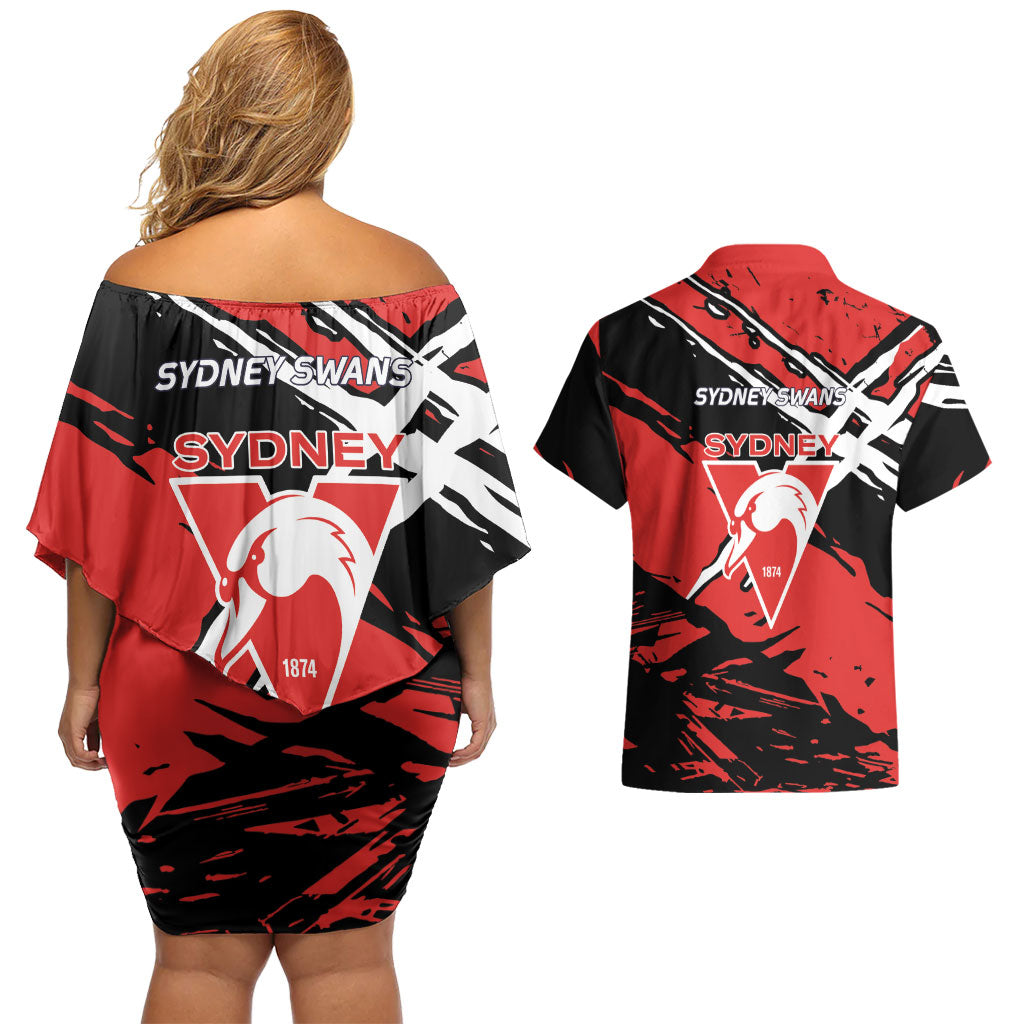 Sydney Swans Football Club Couples Matching Off Shoulder Short Dress and Hawaiian Shirt Swans Muscular Mascot Graphic - Abstract Paint Splatter Art