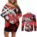 Sydney Swans Football Club Couples Matching Off Shoulder Short Dress and Long Sleeve Button Shirt Swans Muscular Mascot Graphic - Abstract Paint Splatter Art
