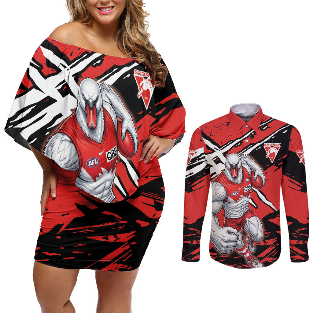 Sydney Swans Football Club Couples Matching Off Shoulder Short Dress and Long Sleeve Button Shirt Swans Muscular Mascot Graphic - Abstract Paint Splatter Art