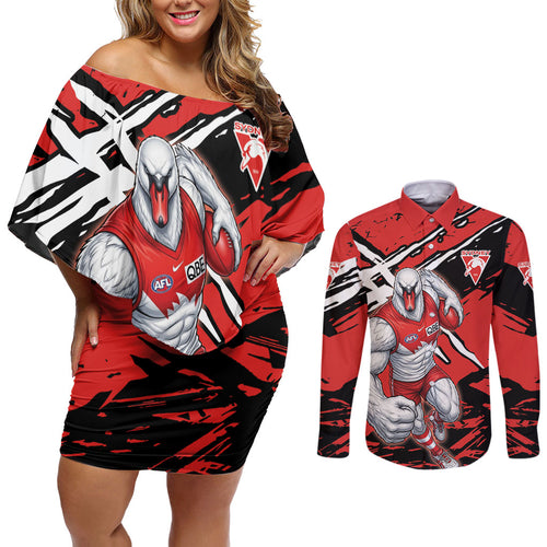 Sydney Swans Football Club Couples Matching Off Shoulder Short Dress and Long Sleeve Button Shirt Swans Muscular Mascot Graphic - Abstract Paint Splatter Art