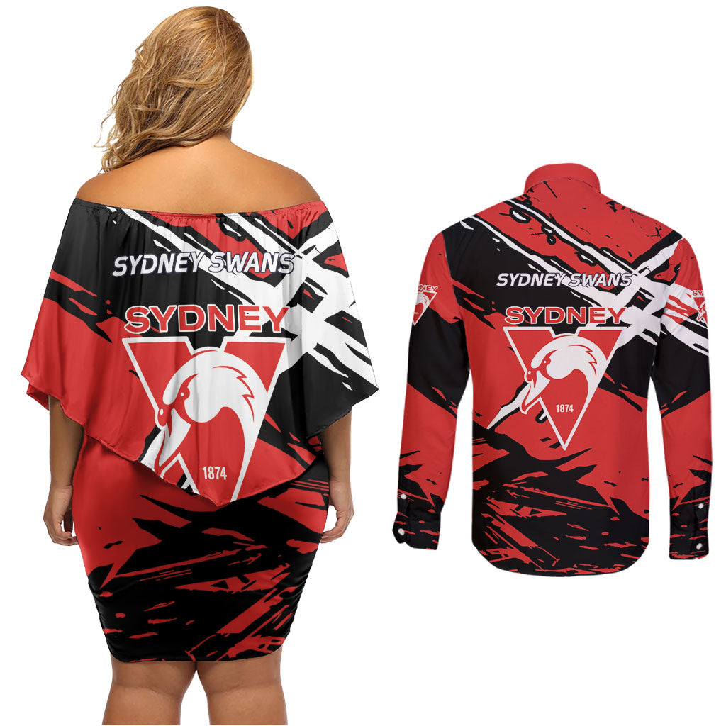 Sydney Swans Football Club Couples Matching Off Shoulder Short Dress and Long Sleeve Button Shirt Swans Muscular Mascot Graphic - Abstract Paint Splatter Art