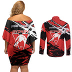 Sydney Swans Football Club Couples Matching Off Shoulder Short Dress and Long Sleeve Button Shirt Swans Muscular Mascot Graphic - Abstract Paint Splatter Art