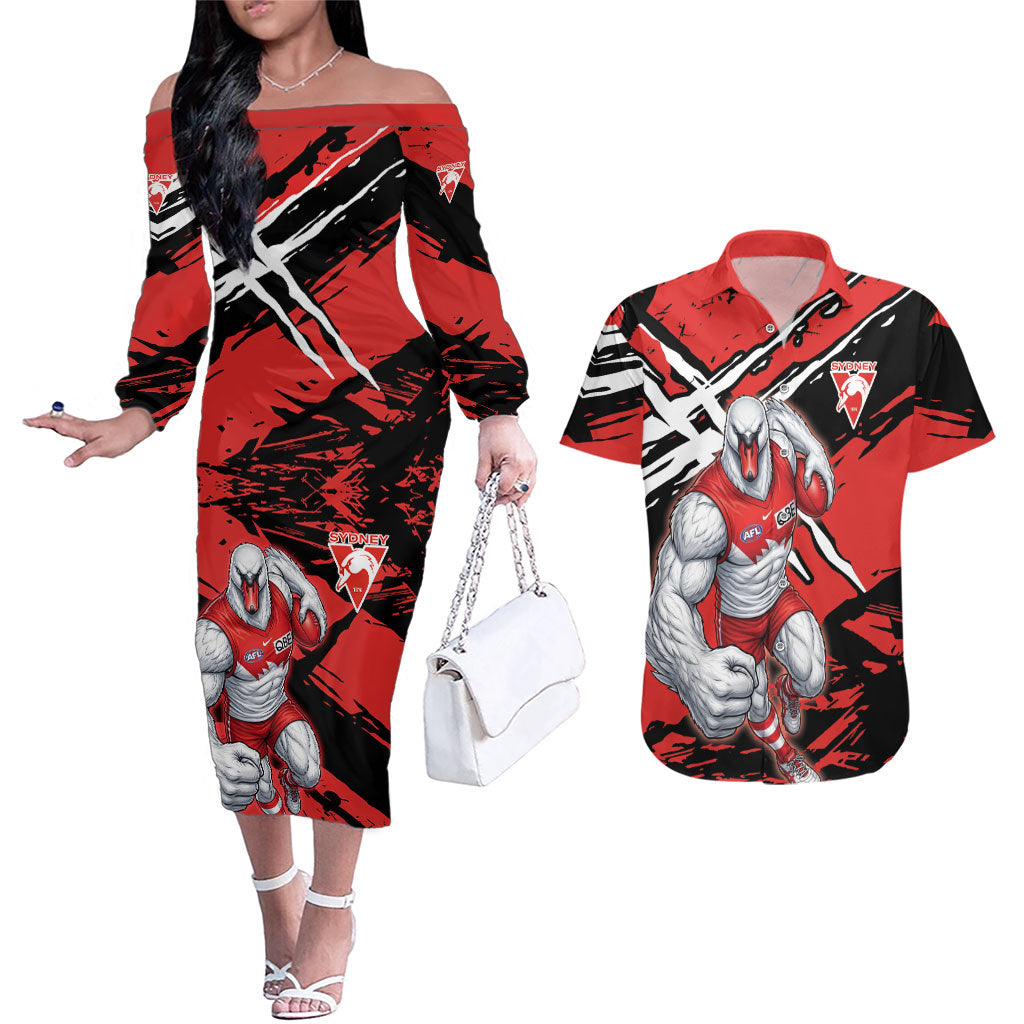 Sydney Swans Football Club Couples Matching Off The Shoulder Long Sleeve Dress and Hawaiian Shirt Swans Muscular Mascot Graphic - Abstract Paint Splatter Art