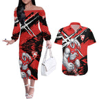 Sydney Swans Football Club Couples Matching Off The Shoulder Long Sleeve Dress and Hawaiian Shirt Swans Muscular Mascot Graphic - Abstract Paint Splatter Art