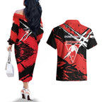 Sydney Swans Football Club Couples Matching Off The Shoulder Long Sleeve Dress and Hawaiian Shirt Swans Muscular Mascot Graphic - Abstract Paint Splatter Art