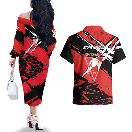 Sydney Swans Football Club Couples Matching Off The Shoulder Long Sleeve Dress and Hawaiian Shirt Swans Muscular Mascot Graphic - Abstract Paint Splatter Art