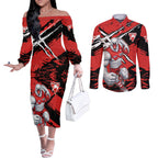 Sydney Swans Football Club Couples Matching Off The Shoulder Long Sleeve Dress and Long Sleeve Button Shirt Swans Muscular Mascot Graphic - Abstract Paint Splatter Art