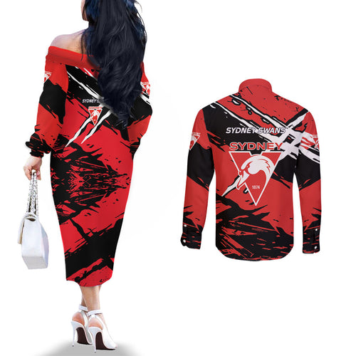 Sydney Swans Football Club Couples Matching Off The Shoulder Long Sleeve Dress and Long Sleeve Button Shirt Swans Muscular Mascot Graphic - Abstract Paint Splatter Art