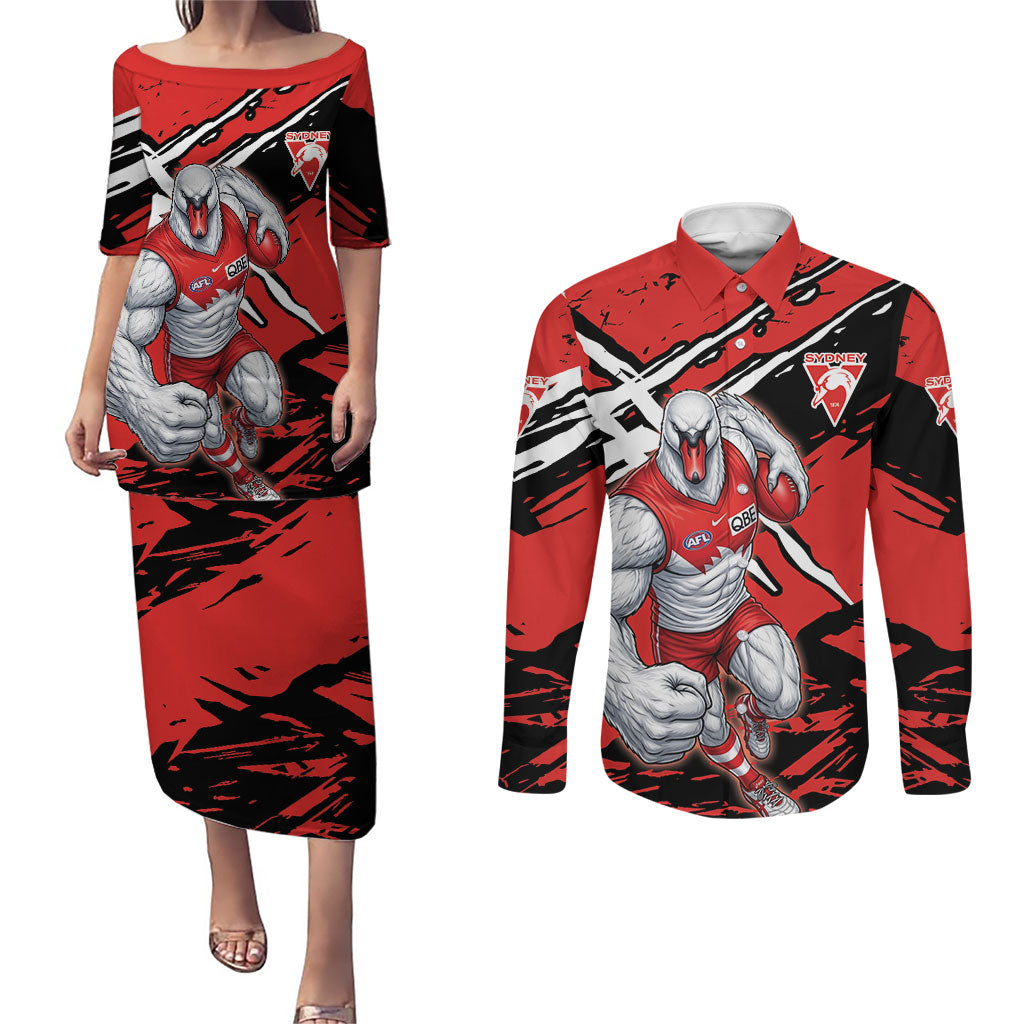 Sydney Swans Football Club Couples Matching Puletasi and Long Sleeve Button Shirt Swans Muscular Mascot Graphic - Abstract Paint Splatter Art
